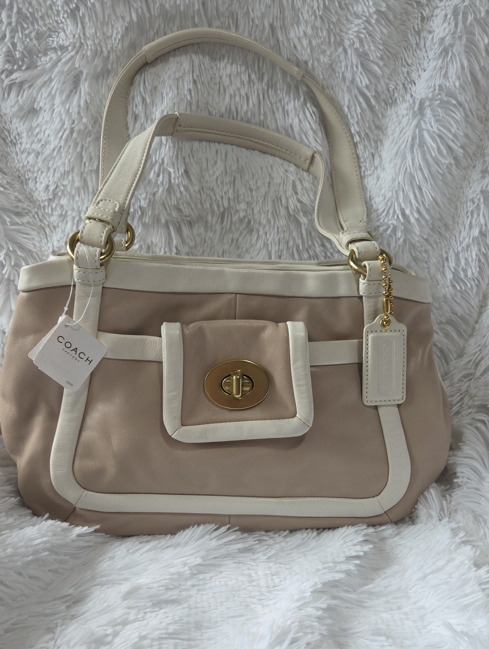 NWT COACH Beige and Cream Leather Satchel Bag with Gold Hardware